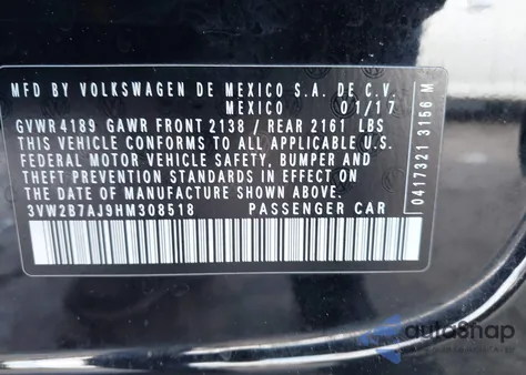 2017 Volkswagen Jetta 1.4T S z USA, uszkodzony, nr VIN 3VW2B7AJ9HM308518